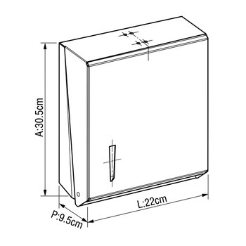 Desenho técnico com as medidas do toalheiro americano jr. p/ interf. 3 dobras 20×27cm em aço inox