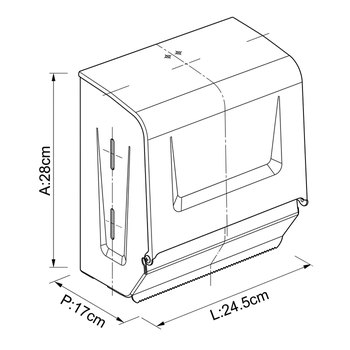 Desenho técnico com as medidas do toalheiro bobina 20cm x 200mts em aço inox