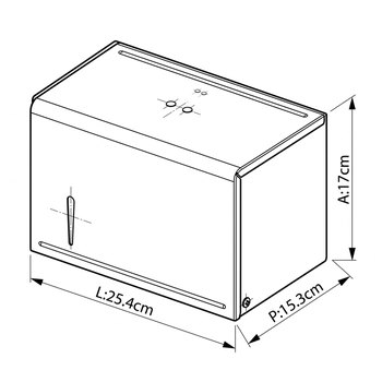 Desenho técnico com as medidas do toalheiro interfolha 2 dobras 23×27cm em aço inox