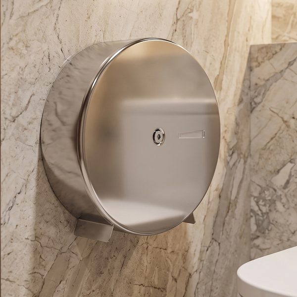 Dispenser para papel higiênico de 400 metros em aço inox em banheiro de mármore