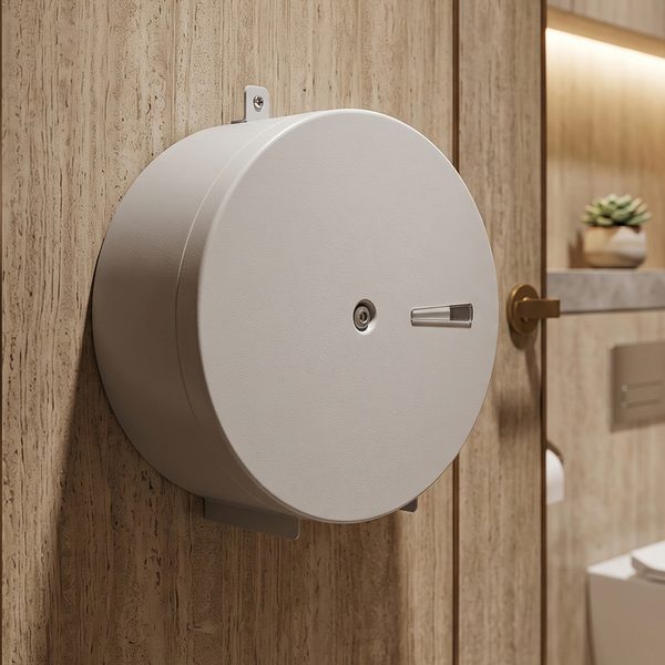 Dispenser para papel higiênico de 400 metros em epóxi branco em banheiro amadeirado