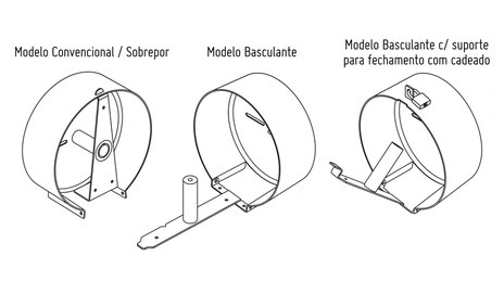 Modelos disponíveis: convencional/sobrepor, basculante e basculante com suporte para cadeado