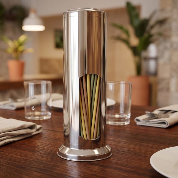 Porta canudo cilíndrico em aço inox sobre mesa posta de restaurante