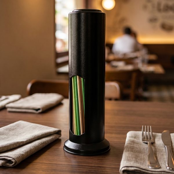 Porta canudo cilíndrico em epóxi preto sobre mesa de restaurante