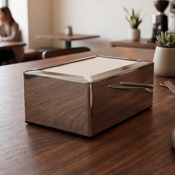 Porta guardanapo deitado de mesa em aço inox sobre mesa de madeira