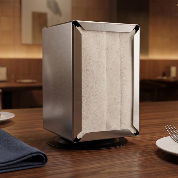 Porta guardanapo TV vertical em aço inox sobre mesa de restaurante