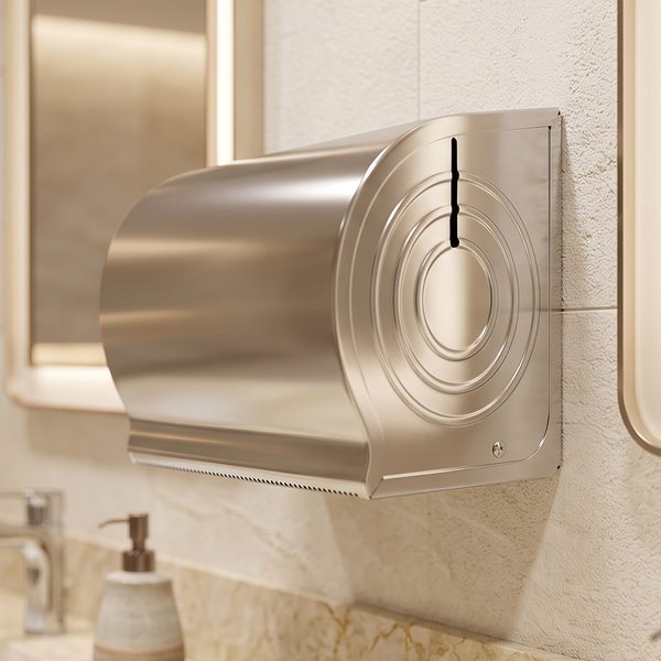 Toalheiro para bobina de papel toalha de 20 cm em aço inox instalado em banheiro