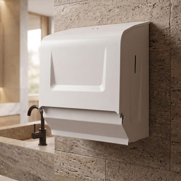 Toalheiro para bobina de papel toalha de 20 cm por 200 metros em epóxi branco