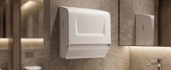 Dispenser para papel toalha interfolha em epóxi branco instalado em banheiro
